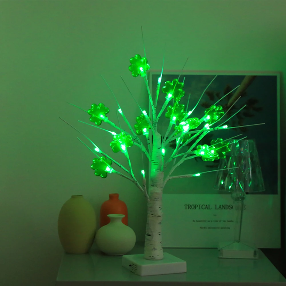 St Patricks Day Ornaments For Tree With Base Adjustable Branches 12 Clover Lights And 24 Green LEDs St Patricks Day Decorations