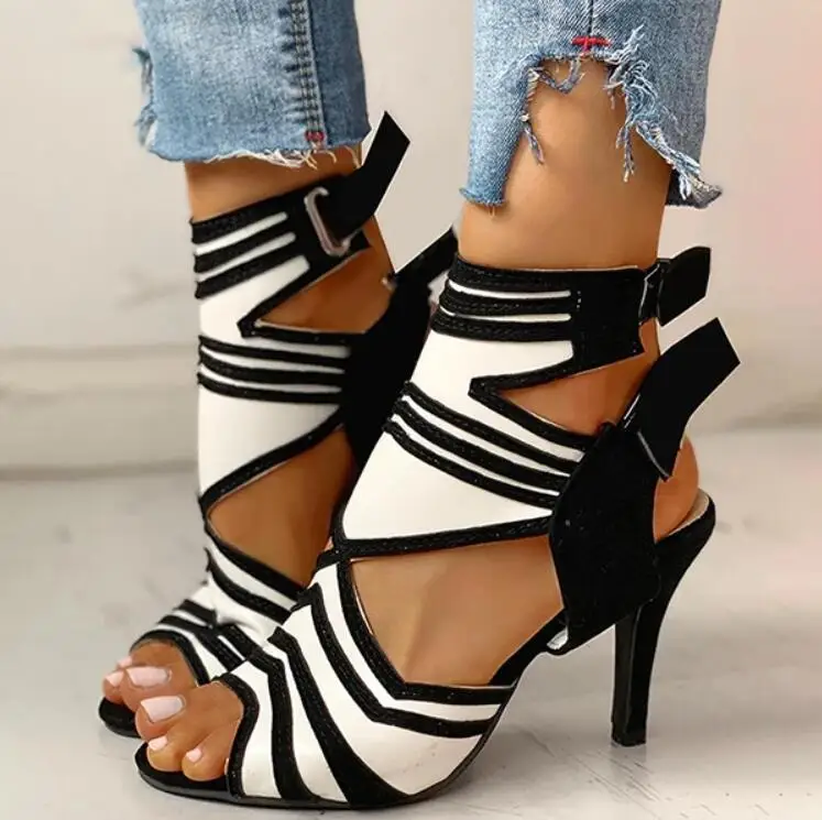 Black White Colorblock Cutout Stiletto Heel Sandals Hook And Loop Strap Open Toe Party Women Shoes