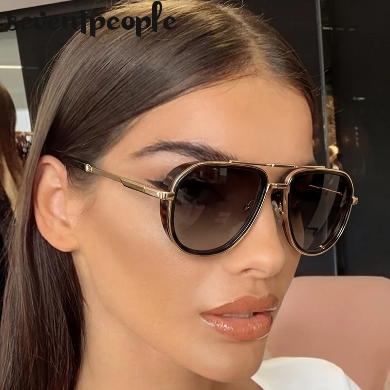 

Vintage Oversized Pilot Sunglasses Women 2026 Luxury Steampunk Metal Double Bridge Sun Glasses Trendy Shield Outdoor Shades