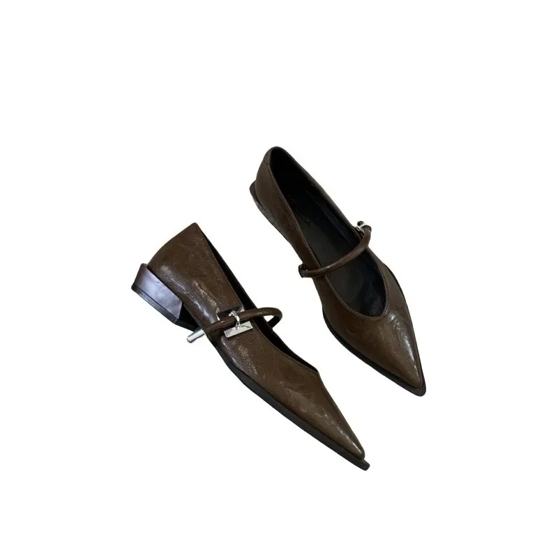 Vintage Pointy Single Shoe Damskie metalowe klamry kwadratowe z linią i nowe buty na amerykańskim obcasie All-in-one