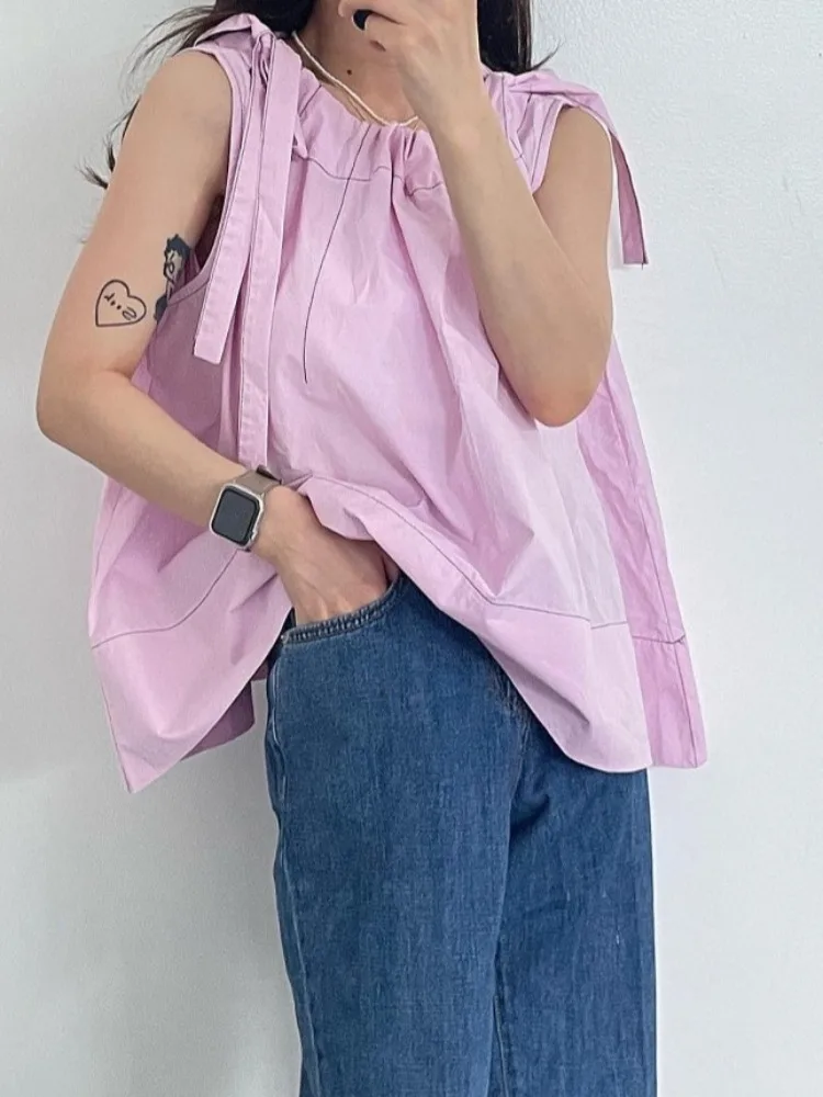 レトロエレガントなノースリーブシャツ女性の夏の新しい甘い蝶結びショルダーストラップルーズ多用途トップ快適なフィット感