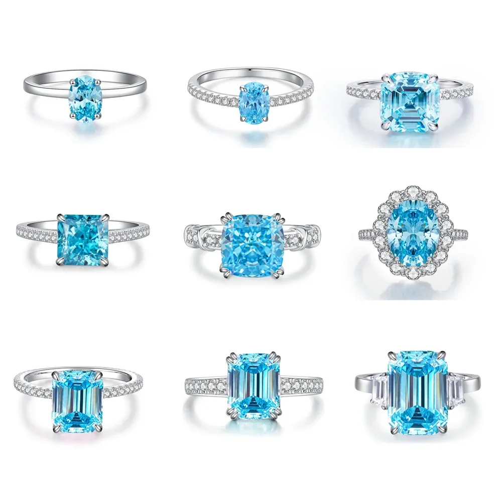 Ables Chic Luxury High Carbon  Aquamarine Wedding Ring Solid 925 Silver Blue Topaz CZ Rings Cocktail Jewelry R0002