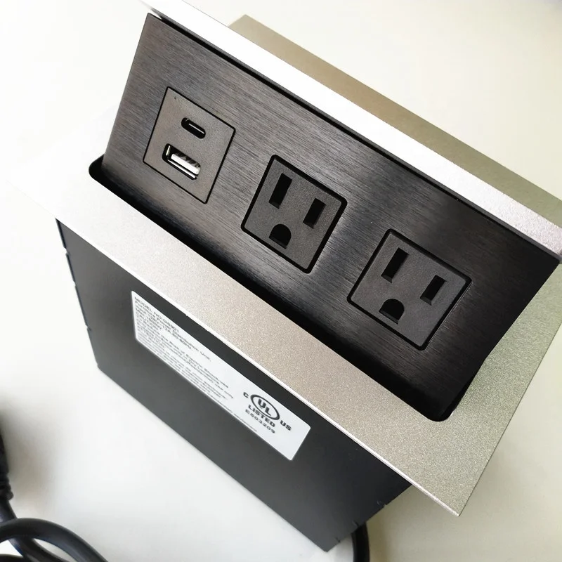 Matt Silver Customize Air support hydraulic pop up Desktop Power USB-C Socket / Concealed electric US plug socket box for Table