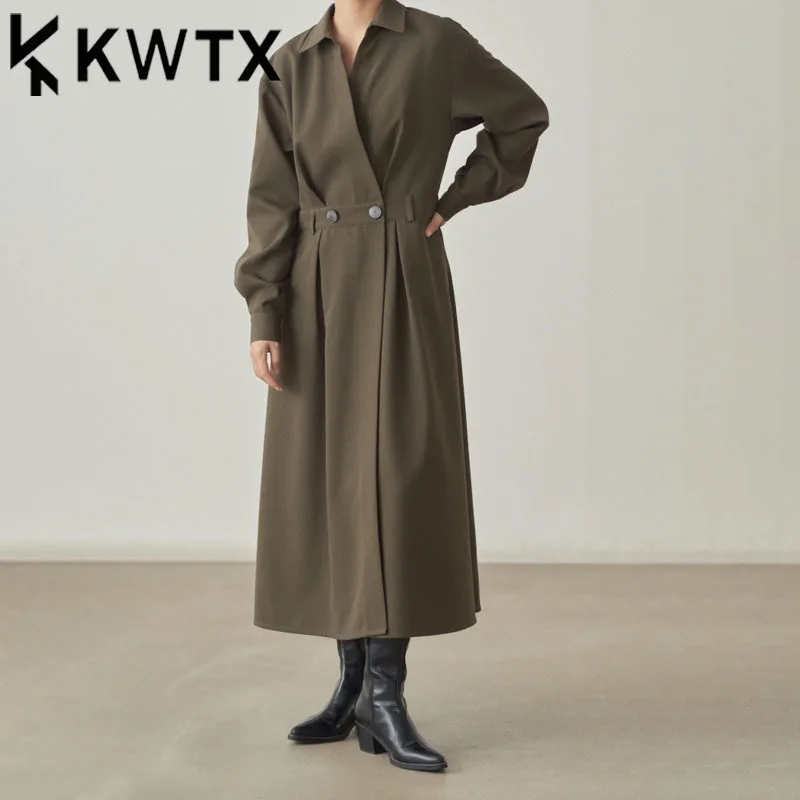 

KWTX Women’s Trench Coat Dress Solid Color Belted Waist High Slit Vintage Streetwear Soft Spring Summer 2025 High Quality