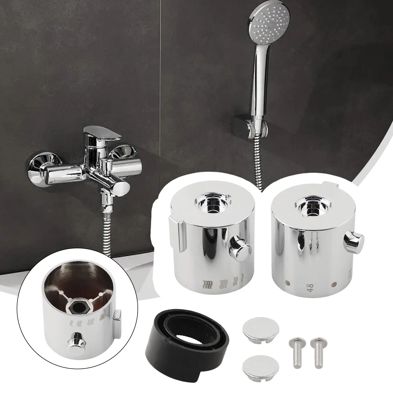 Pair of Chrome Finish Shower Mixer Handles Compatible with Thermostatic Valves Featuring 24 Teeth and Spindle Diameter of 9mm