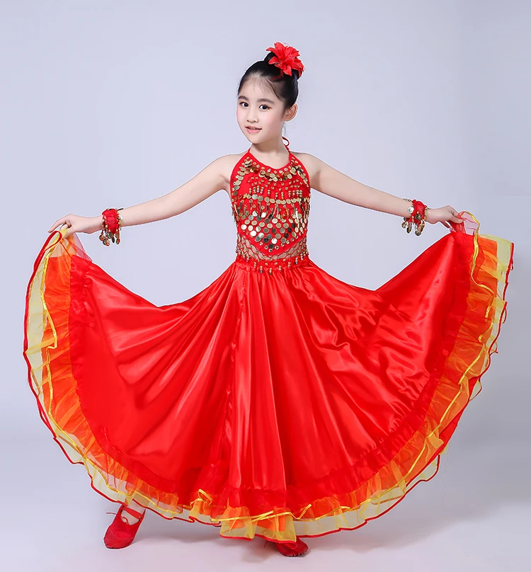 Girls Show Dance Dress Flamenco Spanish Gypsy Skirt Chorus Stage Performance Dresses for Girl Belly Spain Costume Kids 100-150cm