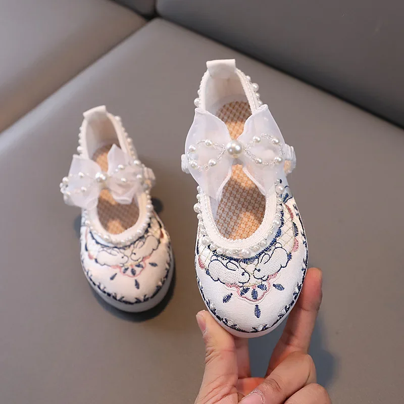 Girls Embroidered Flat Shoes Sweet Lace Chinese Style Children's Causal Hanfu Shoes Vintage Versatile Kids Princess Cloth Shoes
