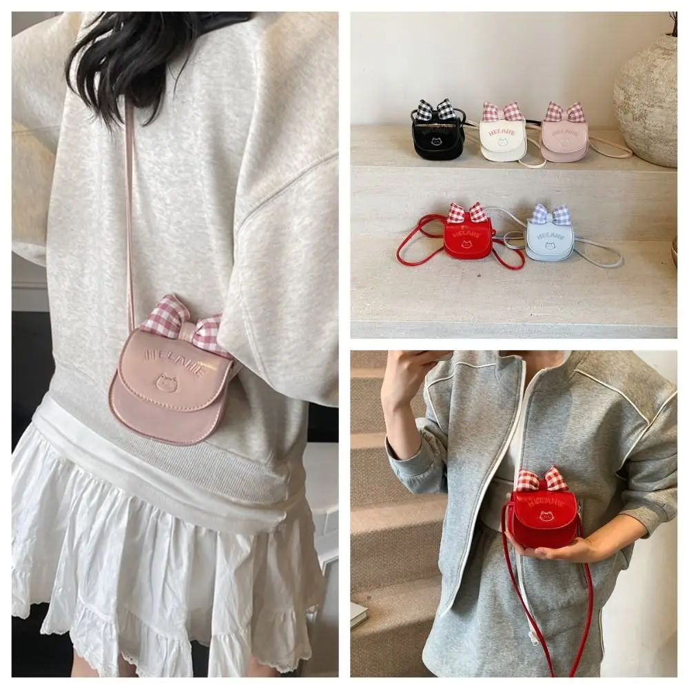 

Portable Kawaii Kids Leather Square Bag Bow Plaid Crossbody Bag Korean Style Cartoon Cat Lipstick Bag Gift