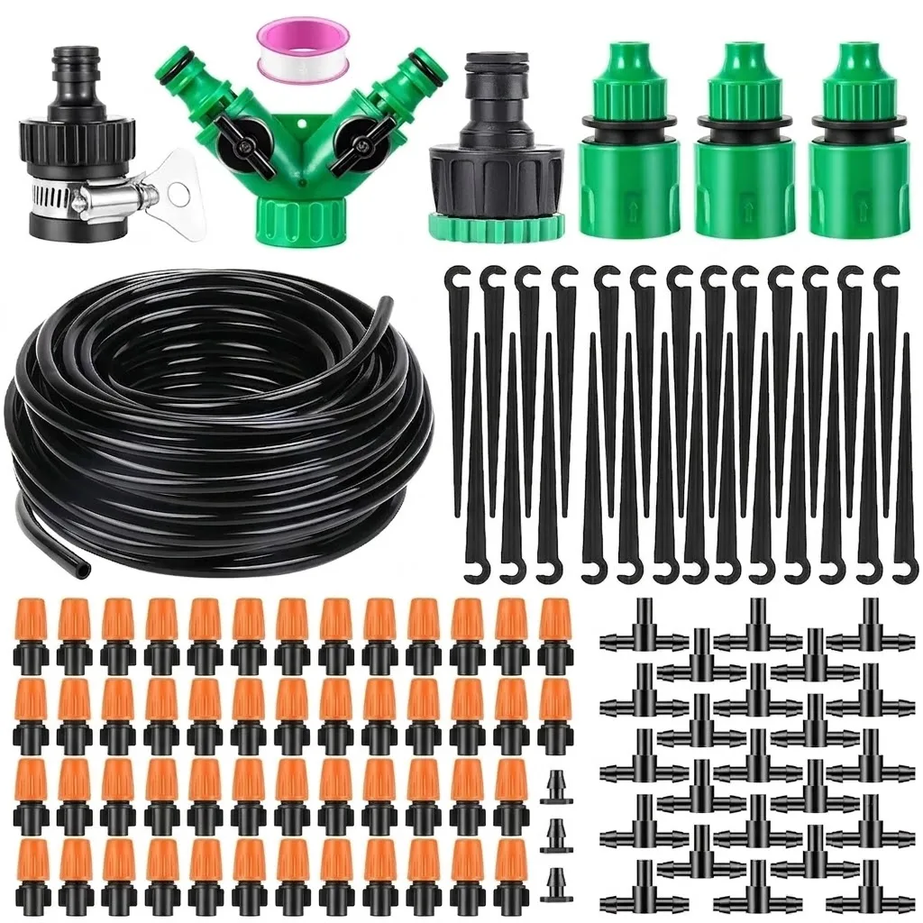 Automatic Spray Misting Plant Watering System 4/7 PE Hose and Connector Fog Nozzles Irrigation Kit 50m 60m for Garden