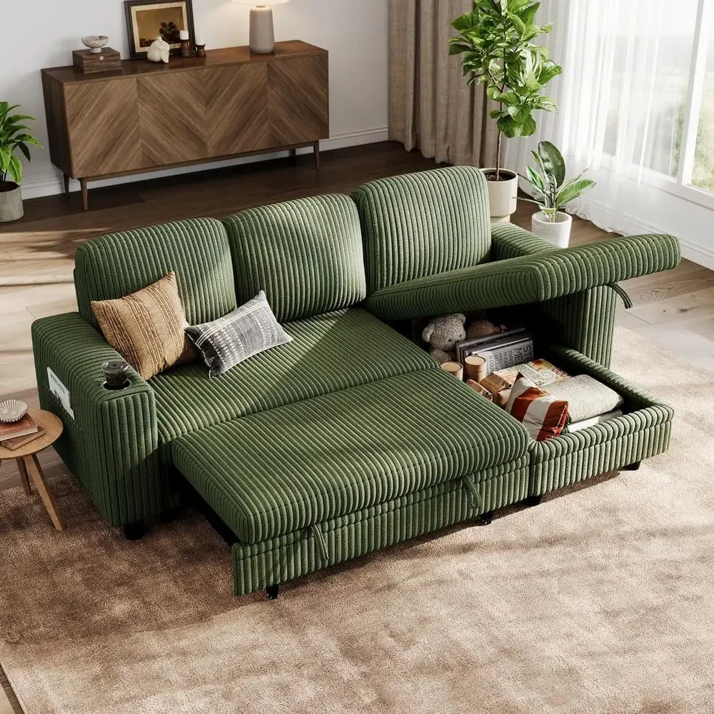 Sectional Sleeper Soa Pull Out Couches or Living Room (Green, Sleeper Soa 1) | Pull Out Soa Bed, Storage, USB Charging, Cup Hold