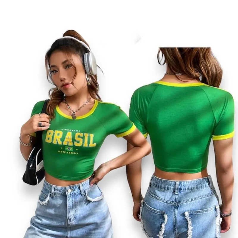 2023 Brasil Printed Crop Tops Women Y2k Clothes Casual Vintage Girls T Shirts 2000s Grunge Tshirt Streetwear Dropshipping