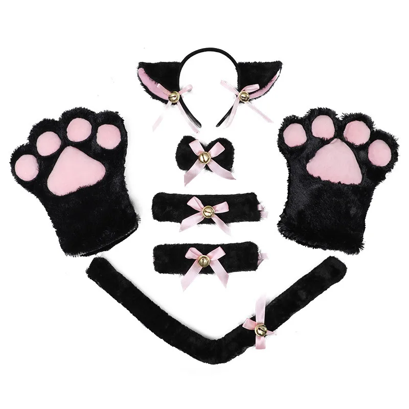 Kawaii Cat Girl Anime Cosplay Costume Accessory Bell Hairwear Hairbands with Cat Ears Neko Lolita Maid Plush Glove Tail Paw Ear