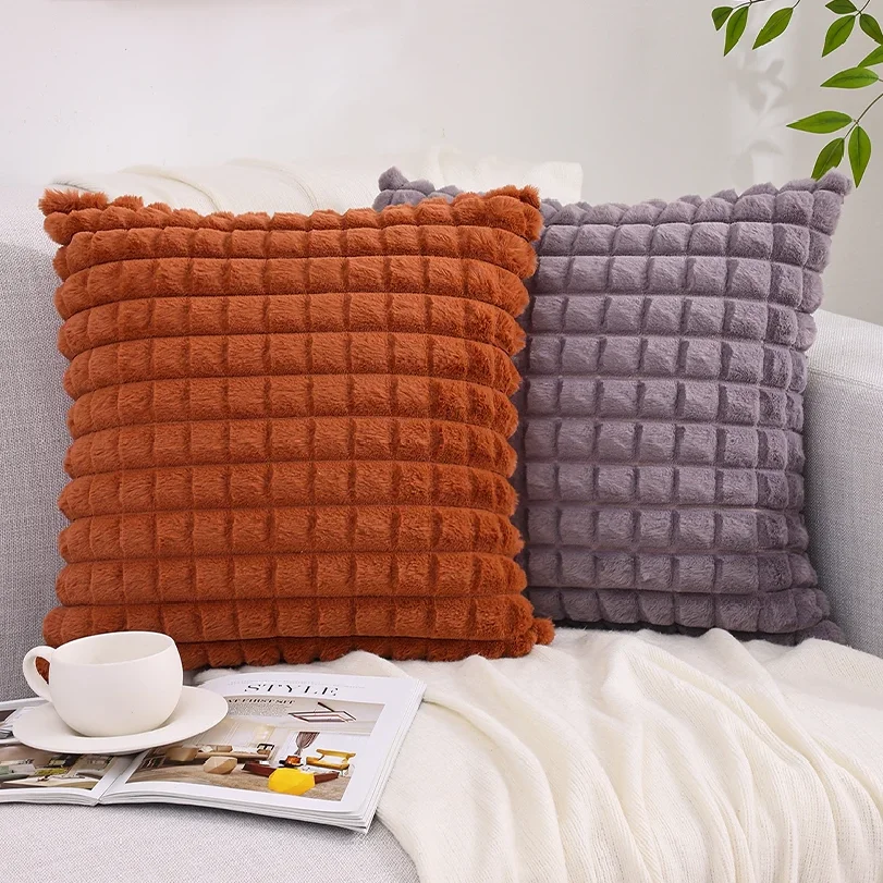 Faux Rabbit Fur Throw Pillow Covers Solid Plaid Soft Fluffy Home Decor Cushion Covers Living Room Sofa Decor Pillow Cases