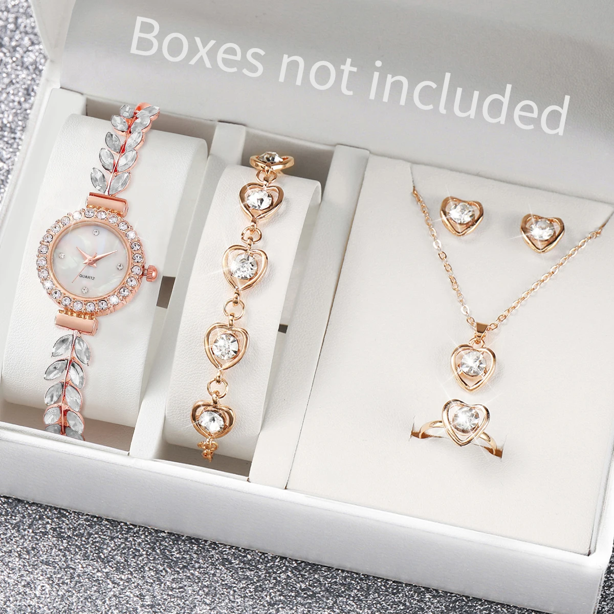 6Pcs/set Women Fashion Bracelet Watch Quartz Watch and Heart-shaped Jewelry Set(Box Not Included )