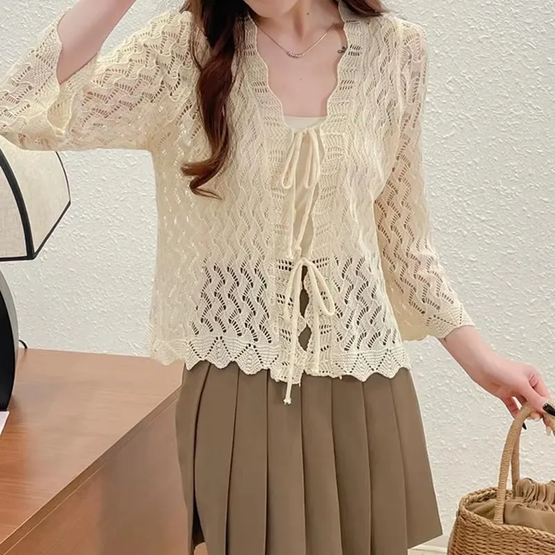 나비 넥타이 크로 셰 뜨개질 탑 여성 Pointelle 니트 플레어 슬리브 Sheer Openwork 카디건 자켓 봄 여름 Boho Vacation Beach Outfit
