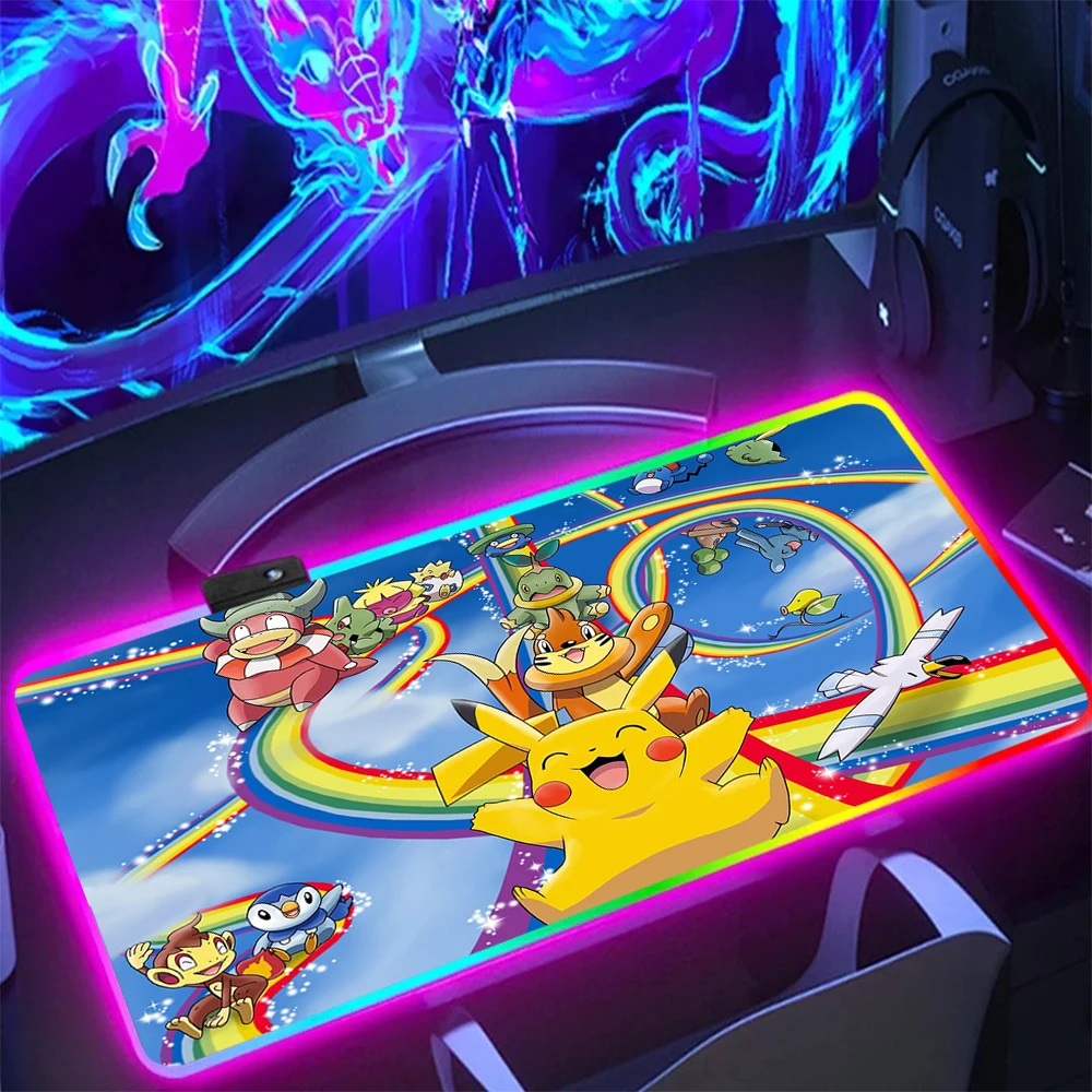 P-Pokemons Pikachus Gengars RGB PC Gamer Tastatur Mauspad Mousepad LED leuchtende Mausmatten Gummi Gaming Computer Mausepad