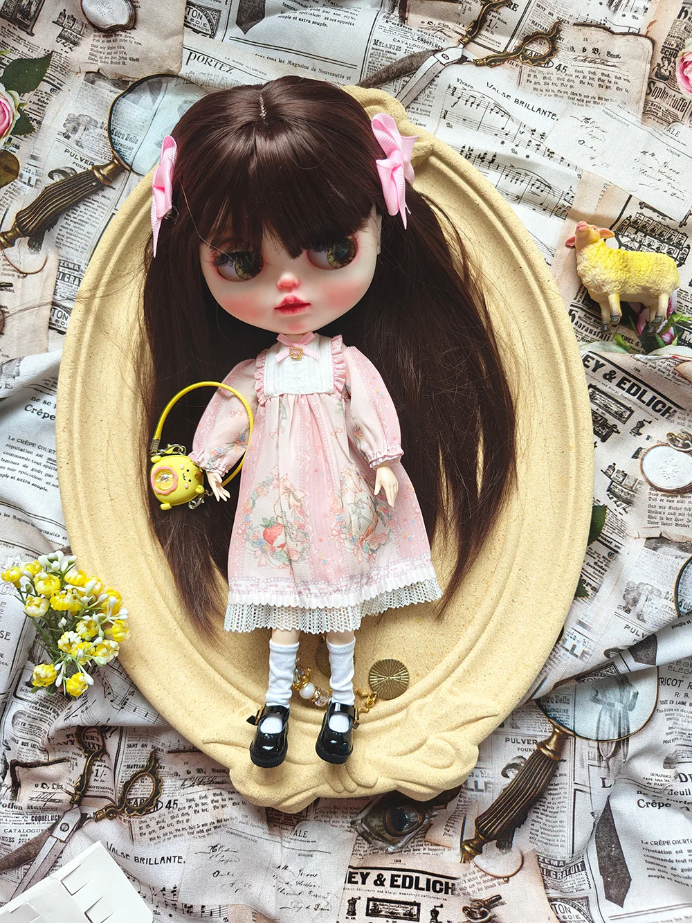 New Blythe doll Clothes  Handmade Cute pink classic dress For Ymy Licca Azones Ob24 Azone Doll Accessories 4-piece set Anime