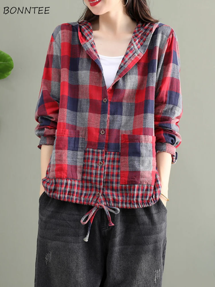 Casual Plaid Shirts Women Hooded Designed Couples All-match Spring Autumn Coat Korean Fashion Outwear Y2k Tops Aesthetic Ins