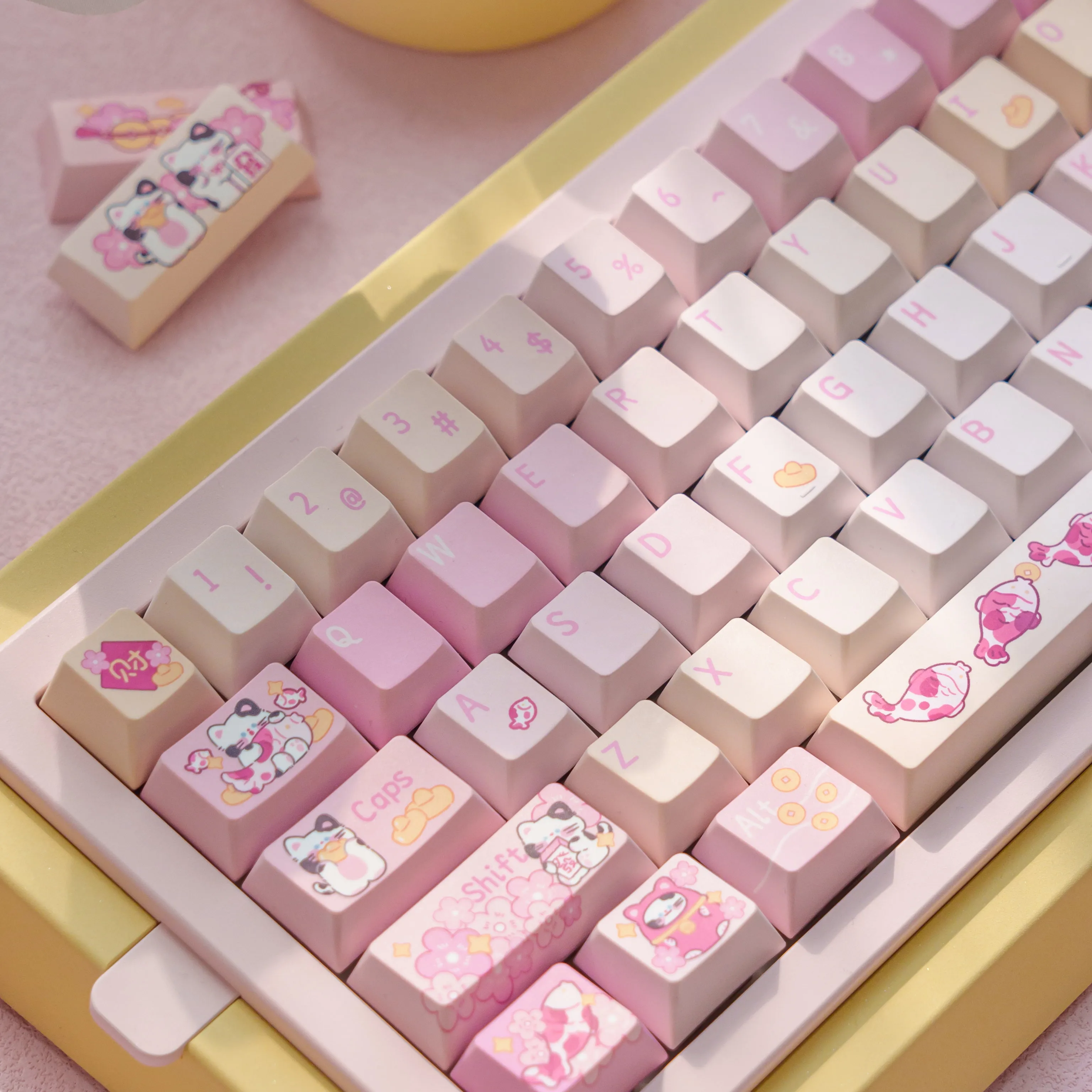Original highly lucky cat theme keycaps sweet gradual change pink  