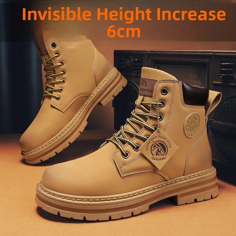 

Мужские повседневные ботинки, водонепроницаемая противоскользящая внутренняя удлиняющая рабочая одежда, желтые кожаные ботинки Jaet, осень-зима, ретро Ame...