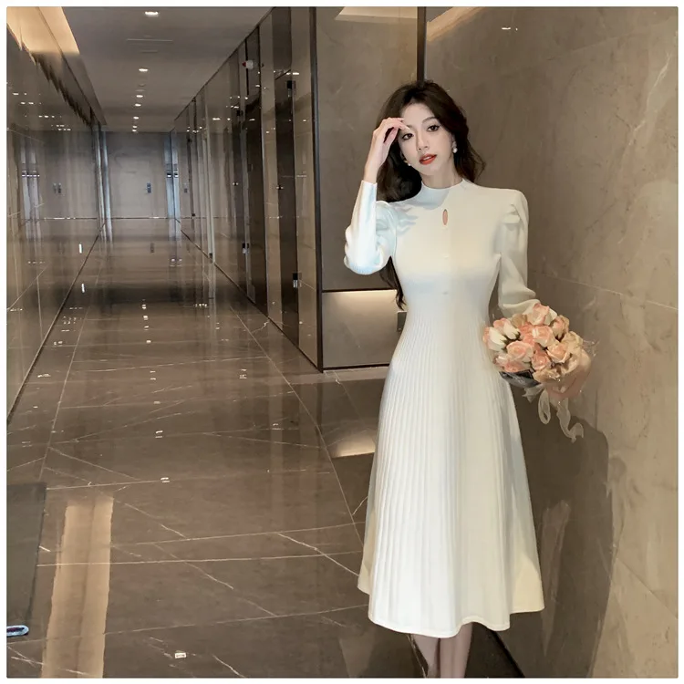 

Women's Knitted Half High Collar Dress Chic Button Dress High Waisted Mid-Calf Clothing Monochromatic Fashion Autumn New 2023