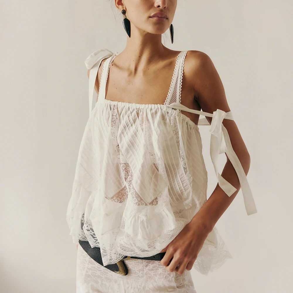 

Сексуальная прозрачная белая блузка без рукавов с оборками и цветочным кружевом на бретельках, женские топы на бретельках, летние пляжные кружевные топы трапециевидной формы на шнуровке в стиле бохо