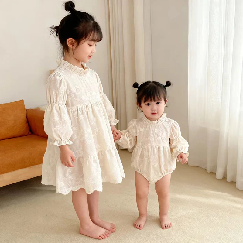 Neue Herbst 0-6Yrs Schwester Kleid Mädchen Party Kleid Baby Mädchen Stickerei Strampler Schwester Geburtstag Party Baumwolle Kinder Prinzessin Kleider