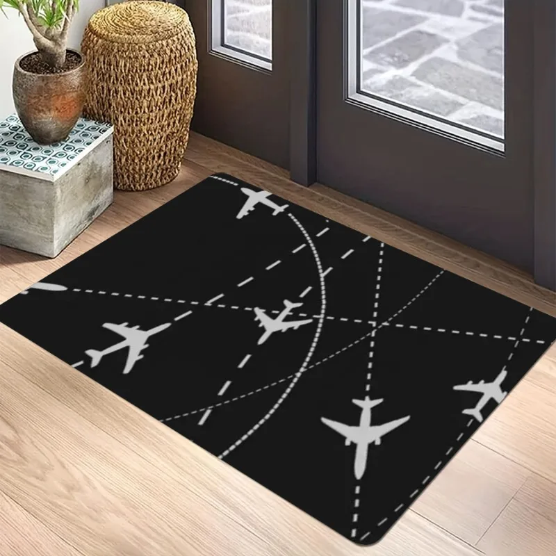 Aviation Theme Carpet Mat - Spitfire Airplane Rainbow Stripes Flight Route Pilot Collector Decorative Home Decoration Rug