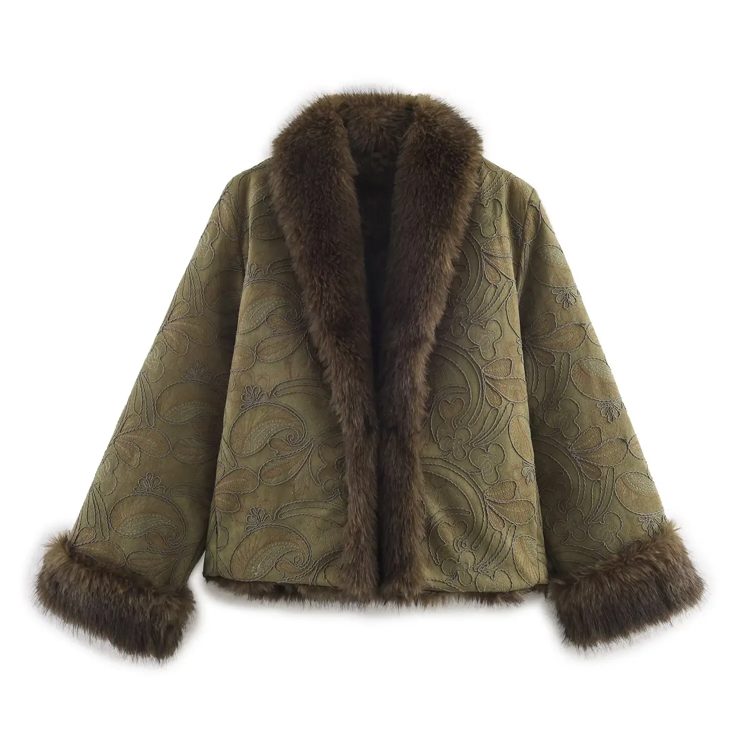 เสื้อโค้ทขนสัตว์ผู้หญิงสำหรับฤดูหนาวปี 2025 ปกเสื้อแบบปกเชิ้ต แขนยาว มีกระเป๋า ปักลาย ทรงหลวม อุ่นสบาย สไตล์สตรีทแวร์ สีเขียวทหาร