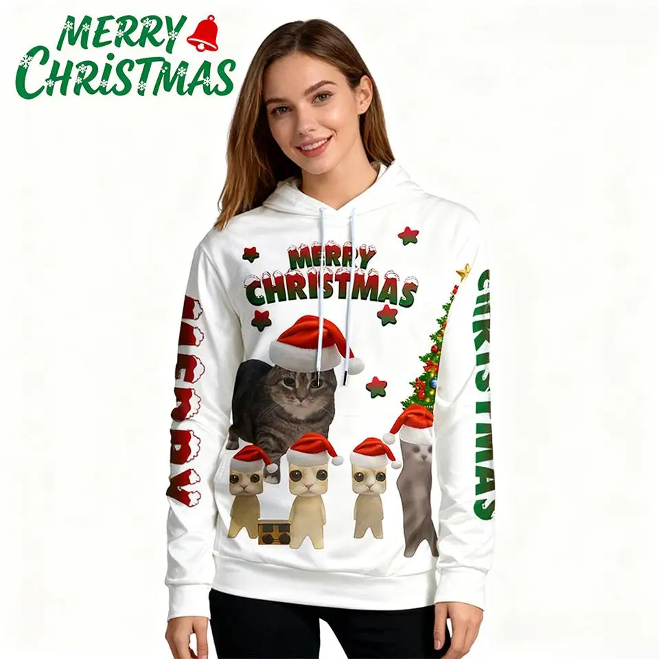 

Funny Cat Merry Christmas Print Hoodie Christmas Party Gift Y2k Tops Autumn And Winter Street Style Unisex Cute Cartoon Pullover