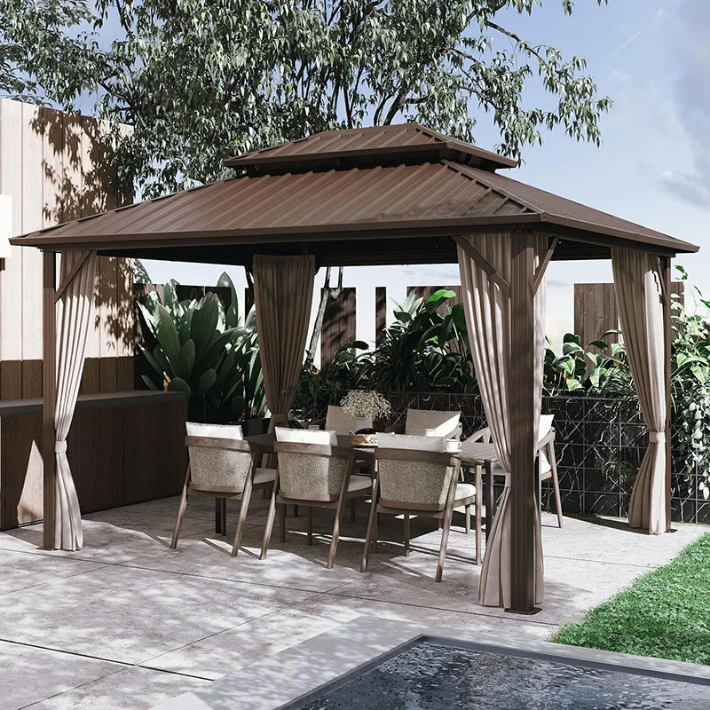 Double Roof Multifunctional Easy-to-assemble Garden Pavilion Outdoor Metal Hardtop Pavilion With Curtains Mosquito Net