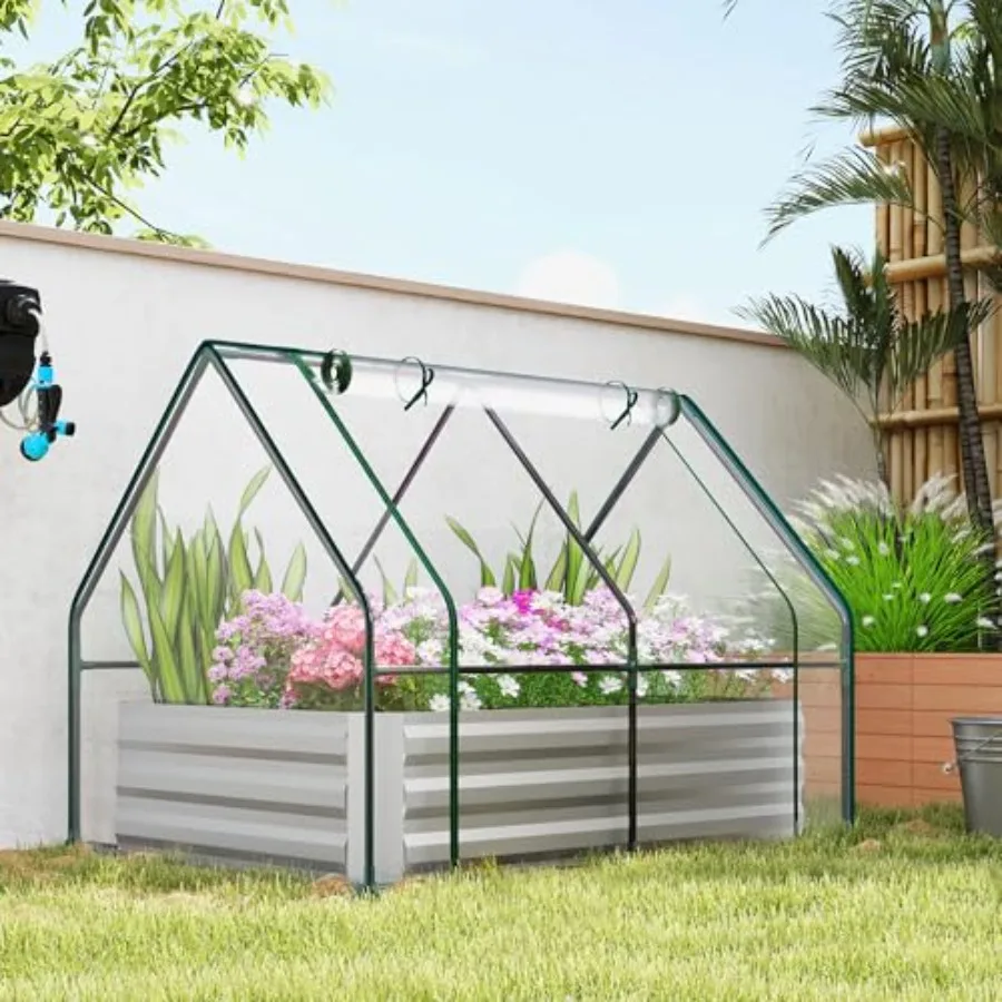 

Raised garden bed for patio and balcony use, galvanized steel, clear and gray, includes mini greenhouse cover for herbs and veg