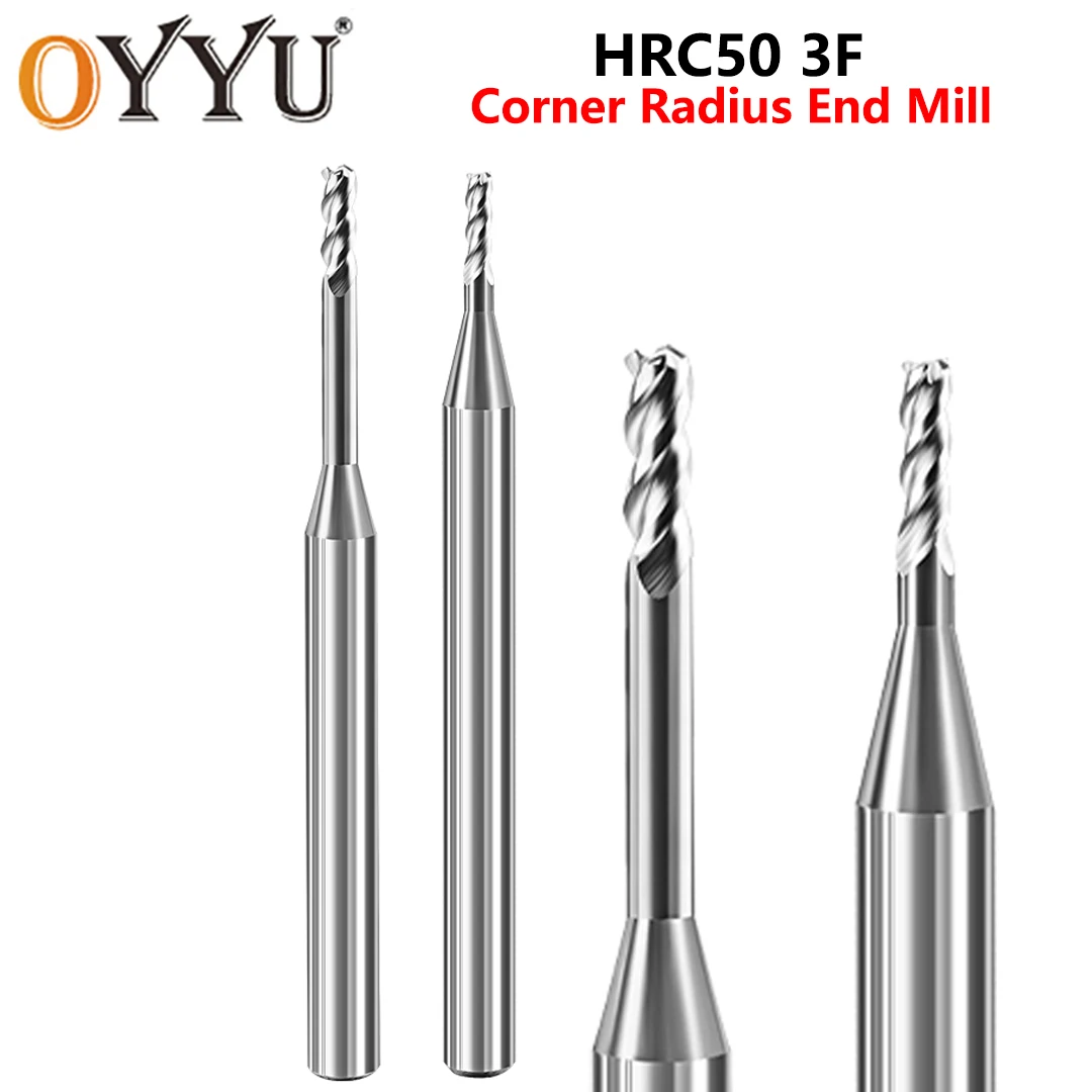 

OYYU Long Neck Deep Groove End Mills For Aluminum HRC50 3 Flute Carbide Corner Radius Milling Cutter CNC R0.1-R3 1MM-3MM 50L