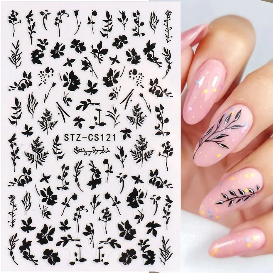 2 stks 3D Eenvoudige Bloemen Blad Nagelstickers Elegant Zwart Wit Bloem Ontwerp Leuke Stickers Voor Nail Art Decoratie DIY