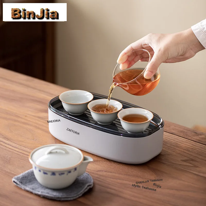 BAEJORIA Hand Grab Pot Travel Tea Set Kit Creative Tea Tools Set 1 Pot 3 Cups Tea Maker Organizer Portable Outdoor Tote Bag Gift