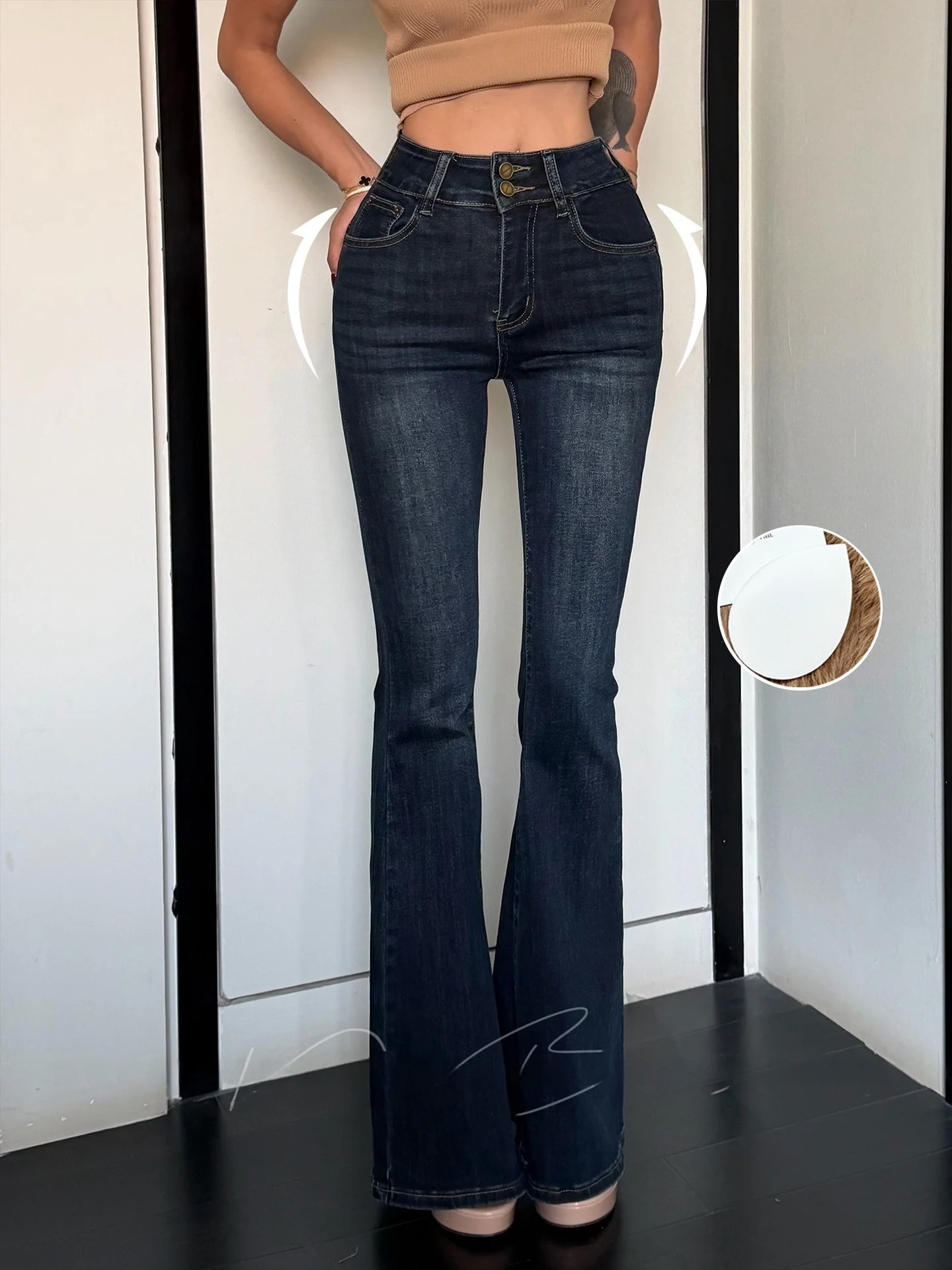 

Женские джинсы-клеш Deep Blue с высокой талией, эластичные, утягивающие, винтажные, с эффектом потертости, с двойной пряжкой, длиной в пол