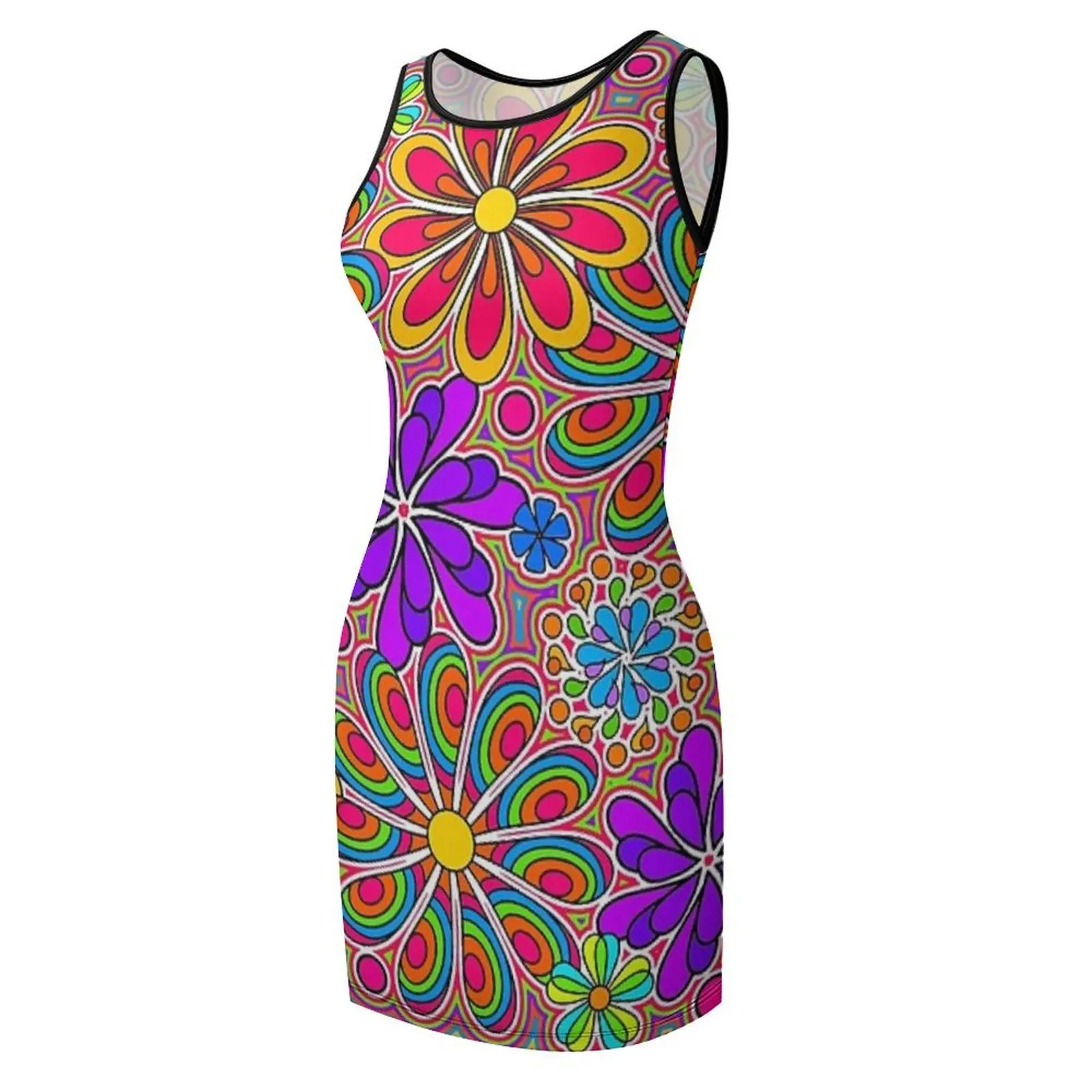 Amusant coloré rétro fleur puissance Art sans manches robe d'été élégante femmes robes vente robes de soirée robes pour bal