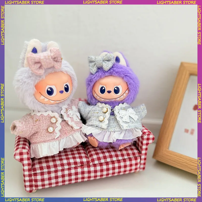 

For Labubu 4.0 Clothes Classic Plaid Jacket Dress Bow Headdress 3-piece Set Mini Plush Doll Clothing Fashion Doll Accessories