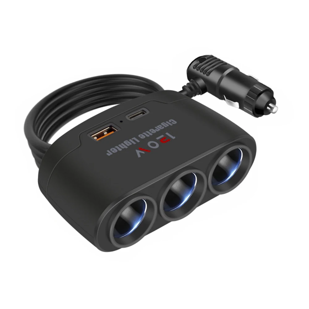 

3 in 1 Car Cigarette Lighter Plug Splitter 120W USB+PD Quick Charging Adapter 3-Socket Power Splitter 12-24V Black ABS