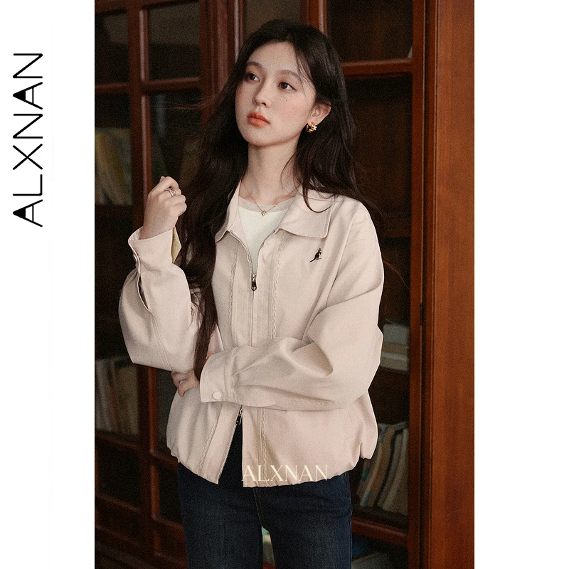 ALXNAN Pink Short Jacket Women 2025 Autumn Casual Zipper Embroidered Cuffs Striped Stitching Jackets Loose-fit Female Top L57721