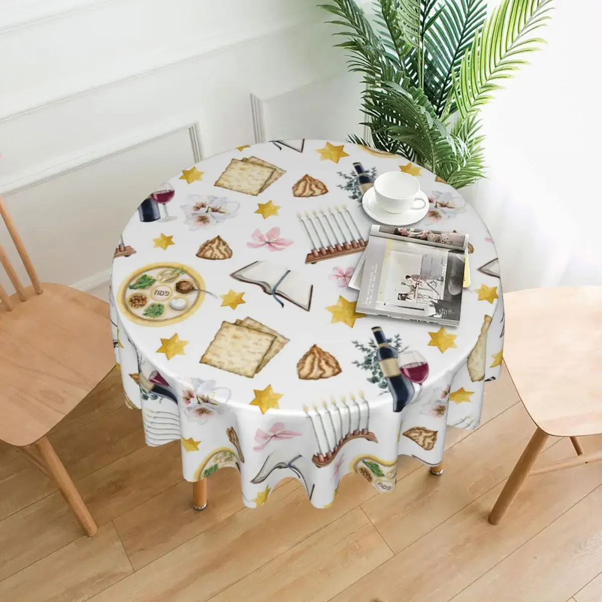 Jewish Passover Round Tablecloth Stars of David Wine Candlestick Waterproof Table Cloth Decor Home Dining Graphic Table Cover