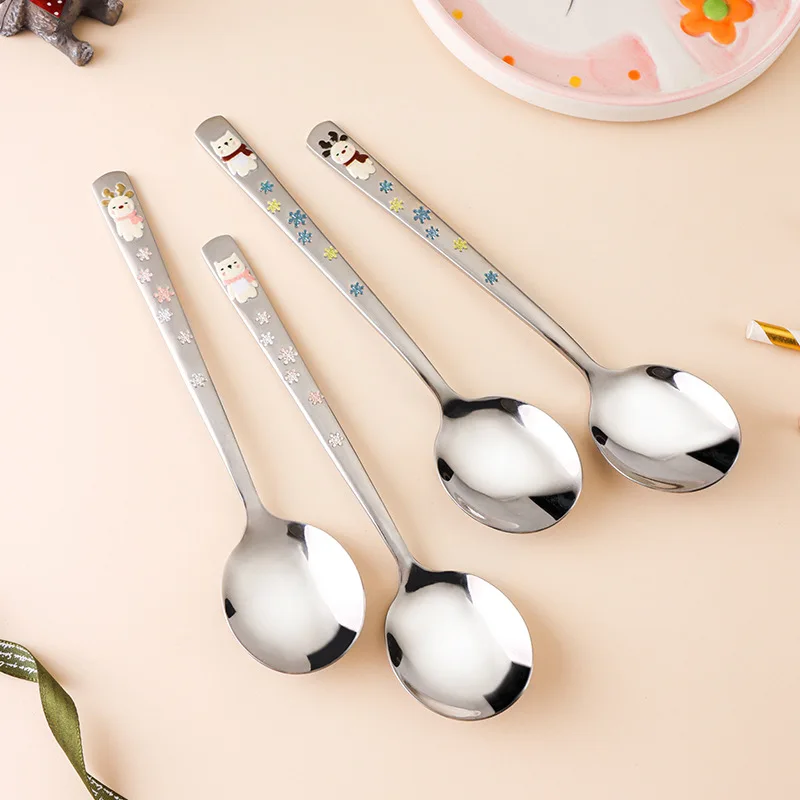 

2025 New 304 Stainless Steel Round Spoon Cartoon Embossed Deer Spoon Korean Style Household Long Handle Drinking Spoon