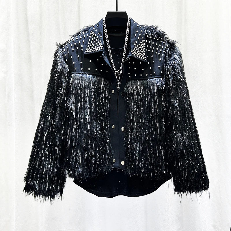 PFHQ Autumn Winter Men Jacket Fashion Diamond Studded Tassel Plush Light Luxury Turn-down Collar Male Tops Fashion 21Z7554