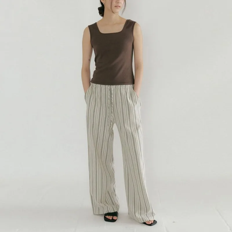 Casual Cotton-Linen Women's Striped Trousers Summer Loose Straight Leg Pants Comfortable Drawstring Elastic Waist Ladies Pants