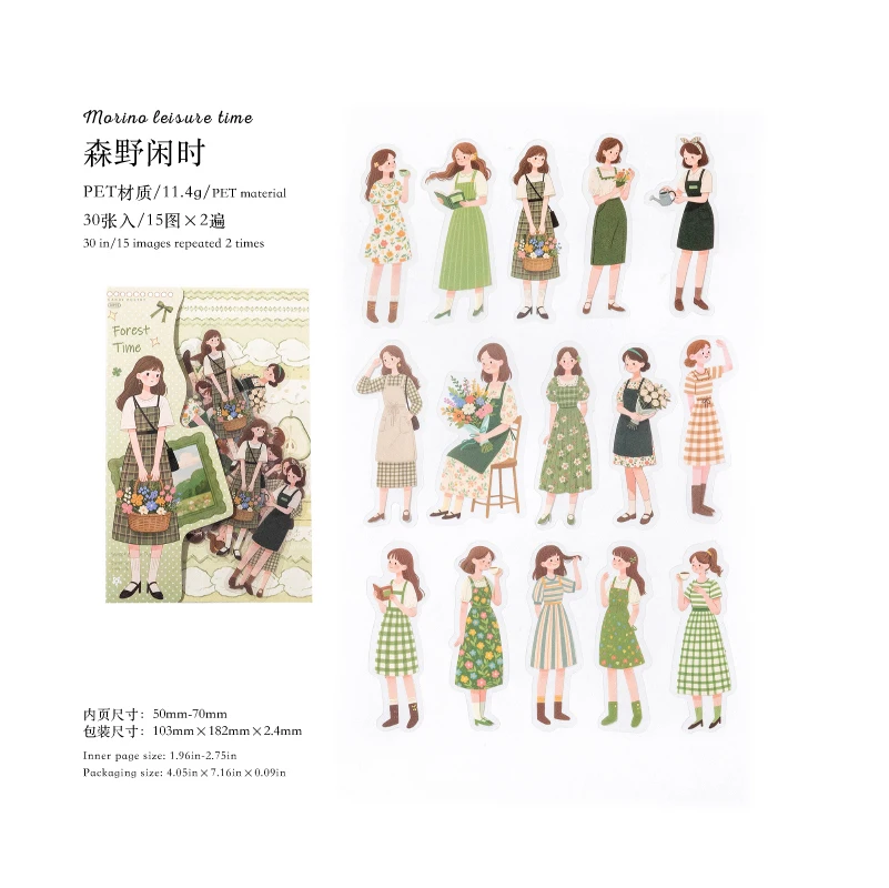 30 stuks/pak Slow Life Girl Stickers, esthetische stickerlabels, decoratief dagboekalbummateriaal, scrapbooking benodigdheden
