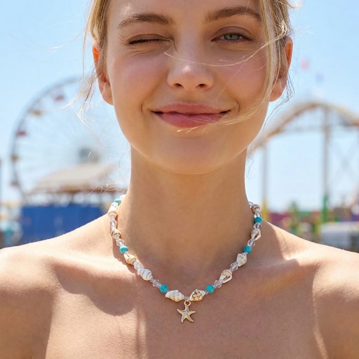 Metall-Seestern-Muschel-Anhänger-Halskette für Damen und Herren, Kristall-Reisperlen-Choker, Bohemian-Strandurlaub, Sommerparty-Schmuck – Detail 10