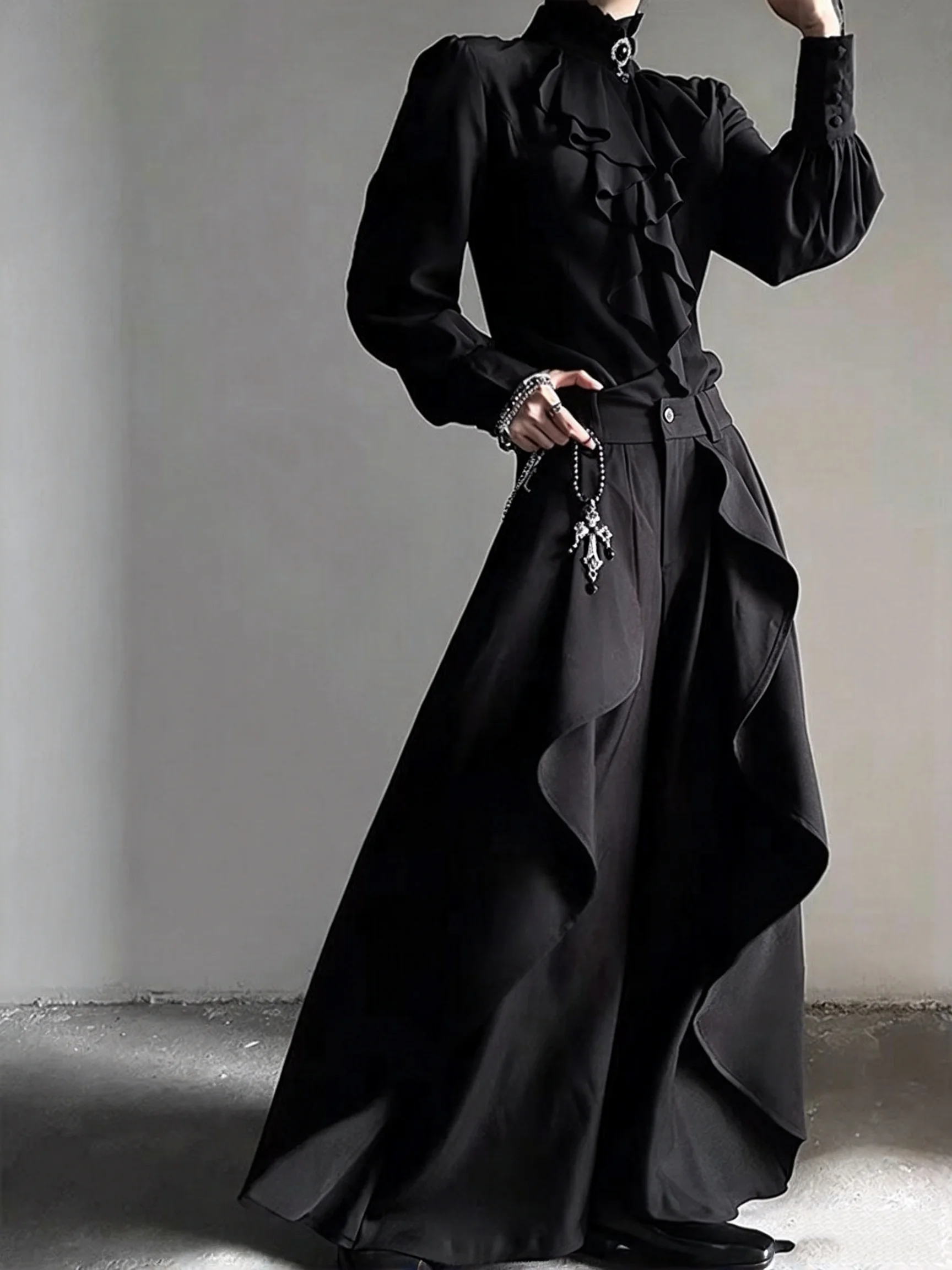 Streetwear Vintage Paneled Skirt Pants Mens 2026 Autumn Warm Loose Fit Culottes For Male Daily Outdoor Solid Color Bottoms