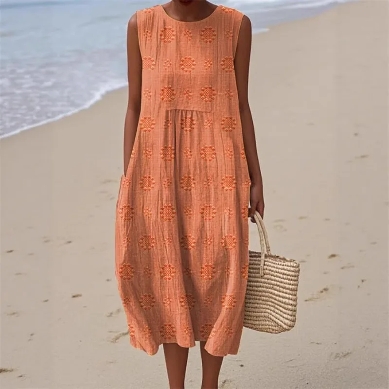 New Women Vintage 3D Digital Print Long Dress Crew Neck Sleeveless Pleated Pocket Boho Casual Loose Beach Dress Spring Summer