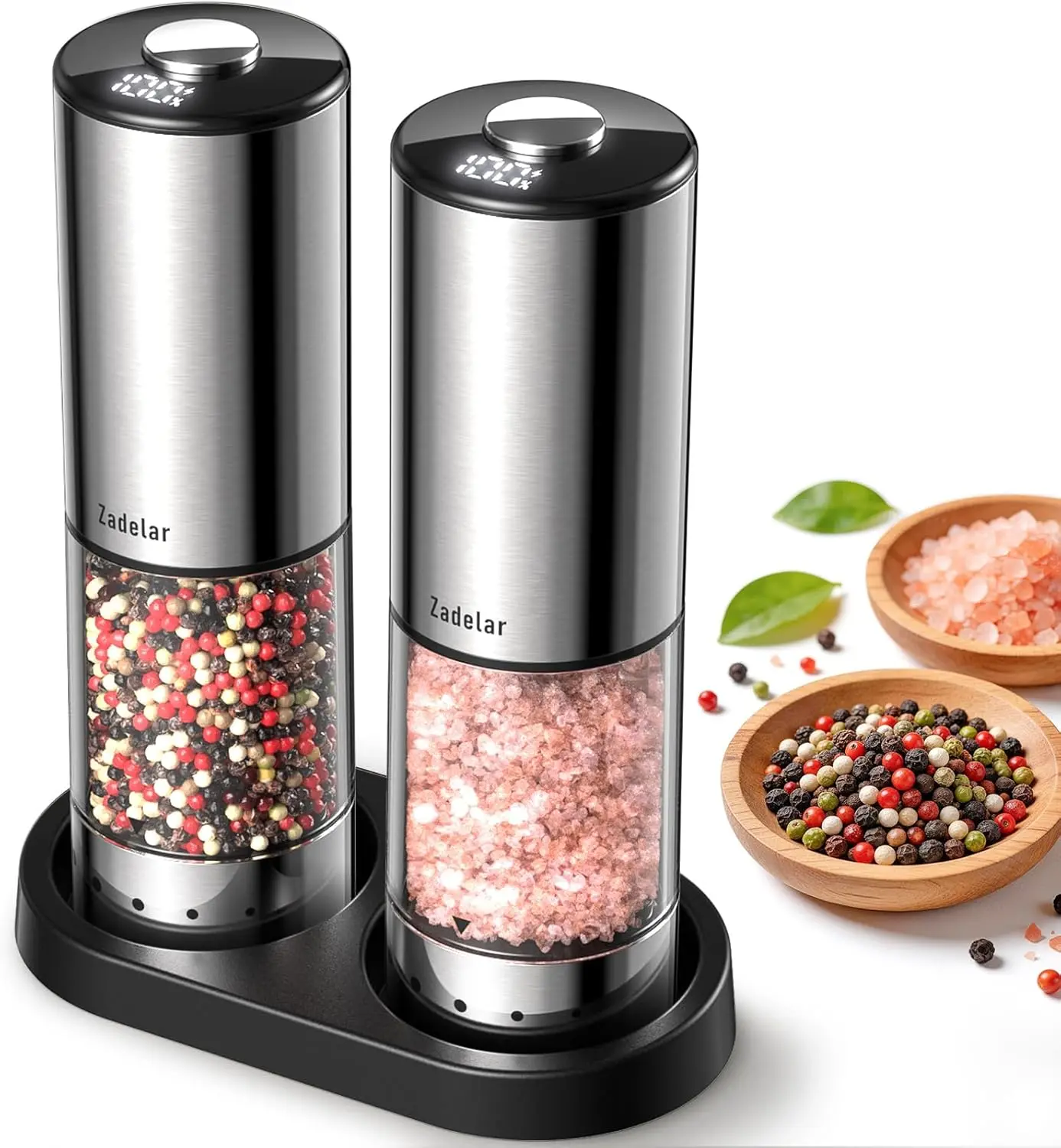 

Rechargeable Salt & Pepper Grinder Set with Storage Base, LED Display, Large Capacity, Adjustable Coarseness