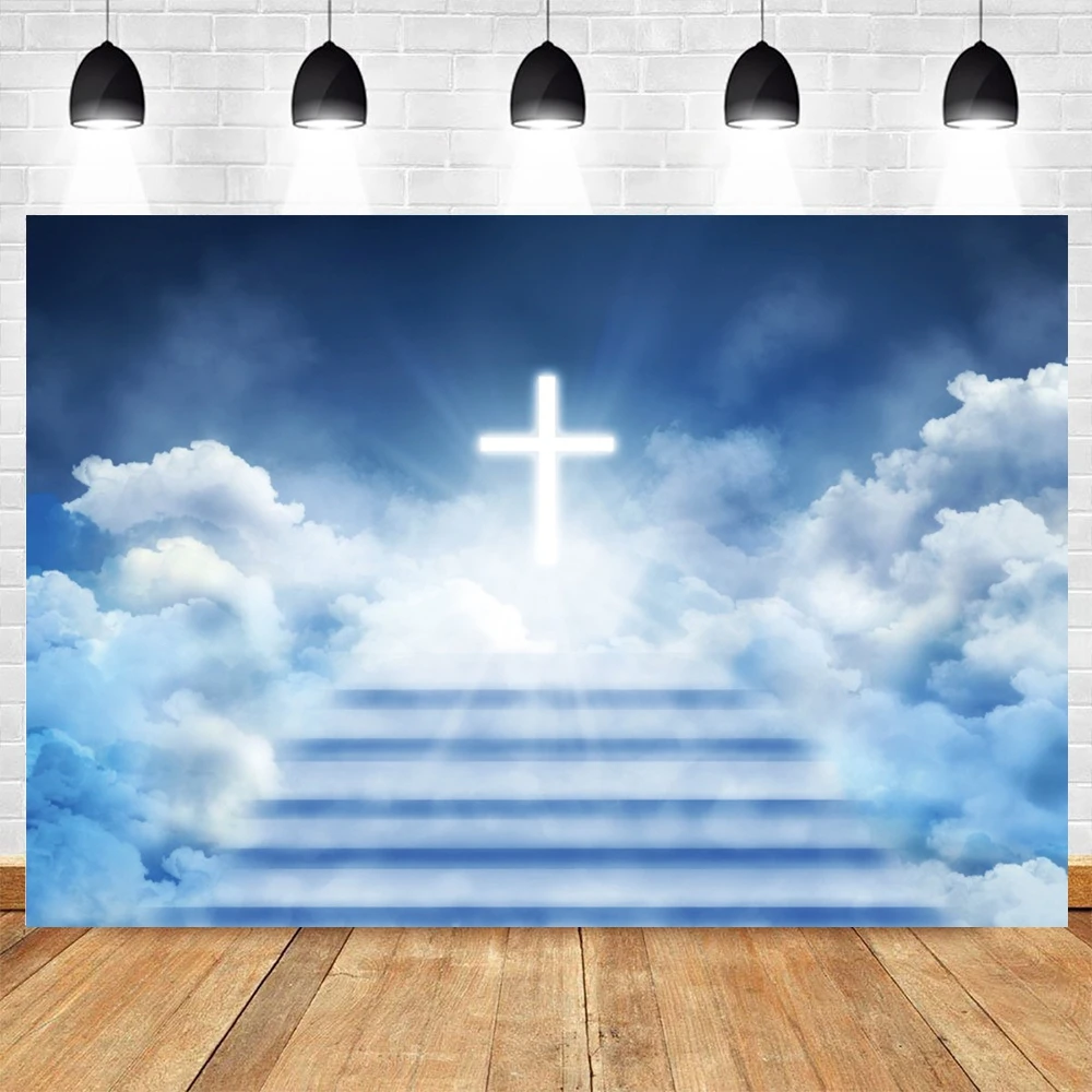 Christian Cross ฉากหลังเมฆสีขาว Blue Sky God Bless Holy Spirit อีสเตอร์พระเยซูบันไดสู่สวรรค์การถ่ายภาพพื้นหลังภาพ